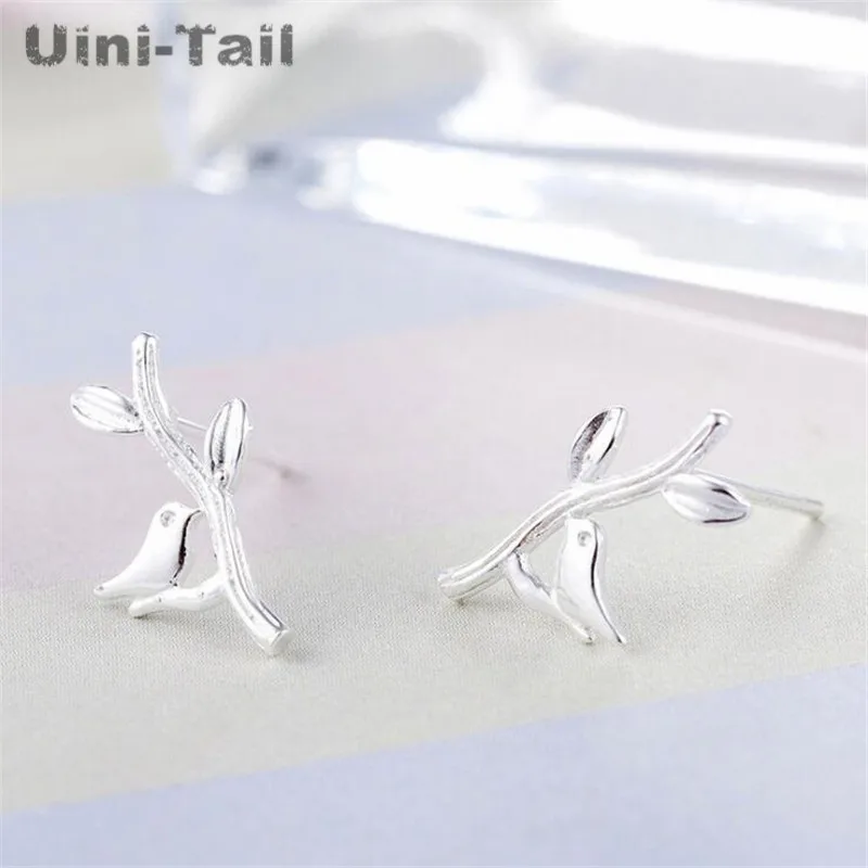 Uini-Tail 2019 new listing 925 Tibetan silver simple personality creative small fresh bird branch earrings hypoallergenic ED372