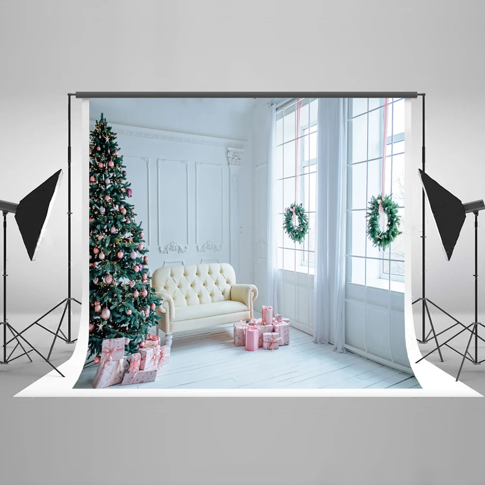 

VinylBDS White Indoor Christmas Photocall Bodas Fondo With Window Christmas Tree Photographic Studio Background Box Backdrop