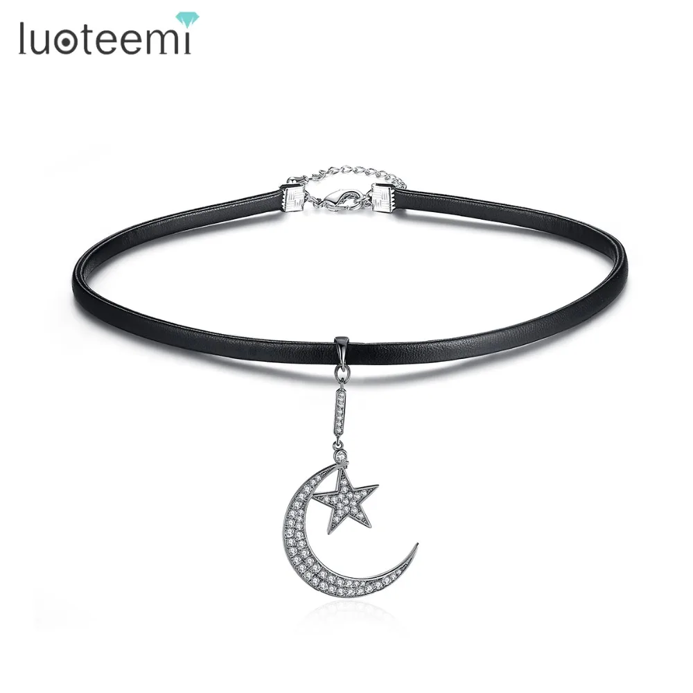 LUOTEEMI Gothic Punk Harajuku Moon and Star Black Leather Choker Necklace Collar with Cubic Zircon Jewelry for Women Accessories