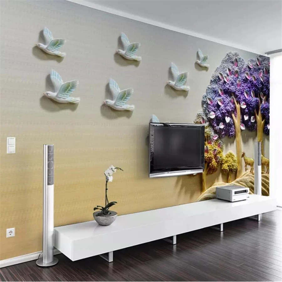 

beibehang Custom wallpaper 3D stereo photo mural embossed fortune tree elk background wall living room bedroom wallpaper mural