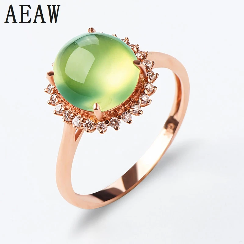 9mm Round Natural Prehnite Anniversary Halo Ring Setting with Moissanite Super Ring For Women Solid 14K Rose Gold