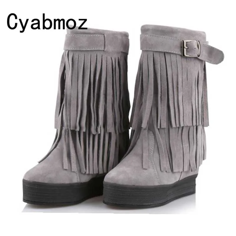 Women Mid-Calf Genuine Leather Suede Fringe Snow Boots Elevator Female Tassel Boots Height Increasing 12cm Plush Warm Shoes