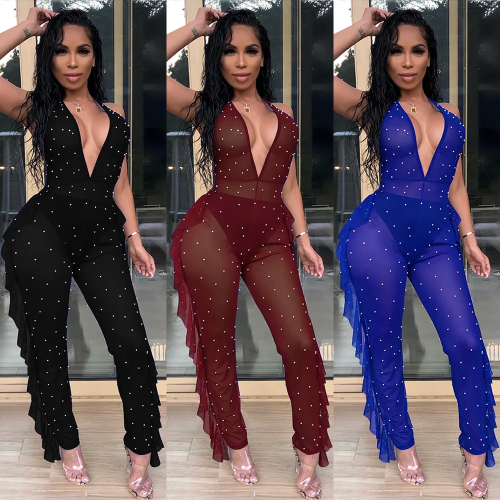 BKLD Pearl Beading Sheer Mesh Jumpsuit Women Sexy Halter Backless Ruffles Long Pants Rompers Womens Jumpsuit Night Clubwear