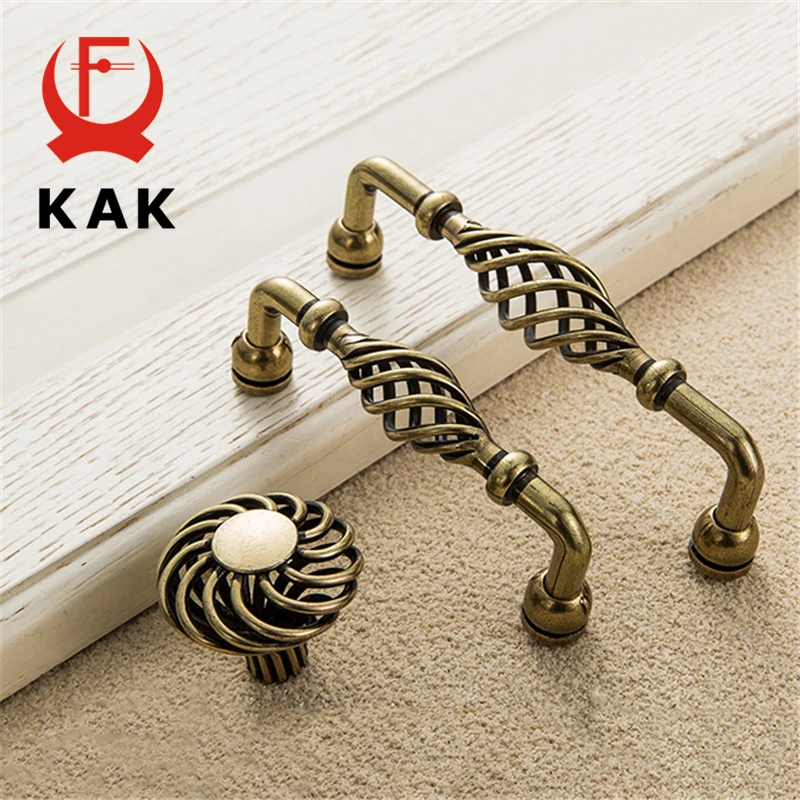 KAK Vintage Antique Bronze Cabinet Handles Hollow Out Birdcage Handles Drawer Knobs Wardrobe Door Pullers Furniture Handle