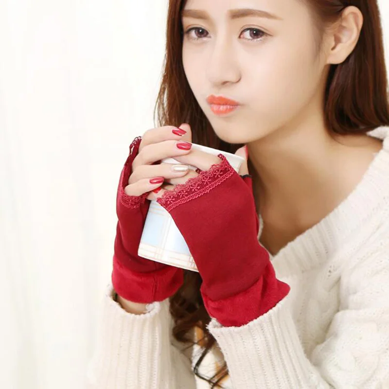 2017 New Women Fashion Lovely Knitted Fingerless Gloves Mittens Winter Female Soft Plush Lace Half Finger Ladies Warm Gloves G89