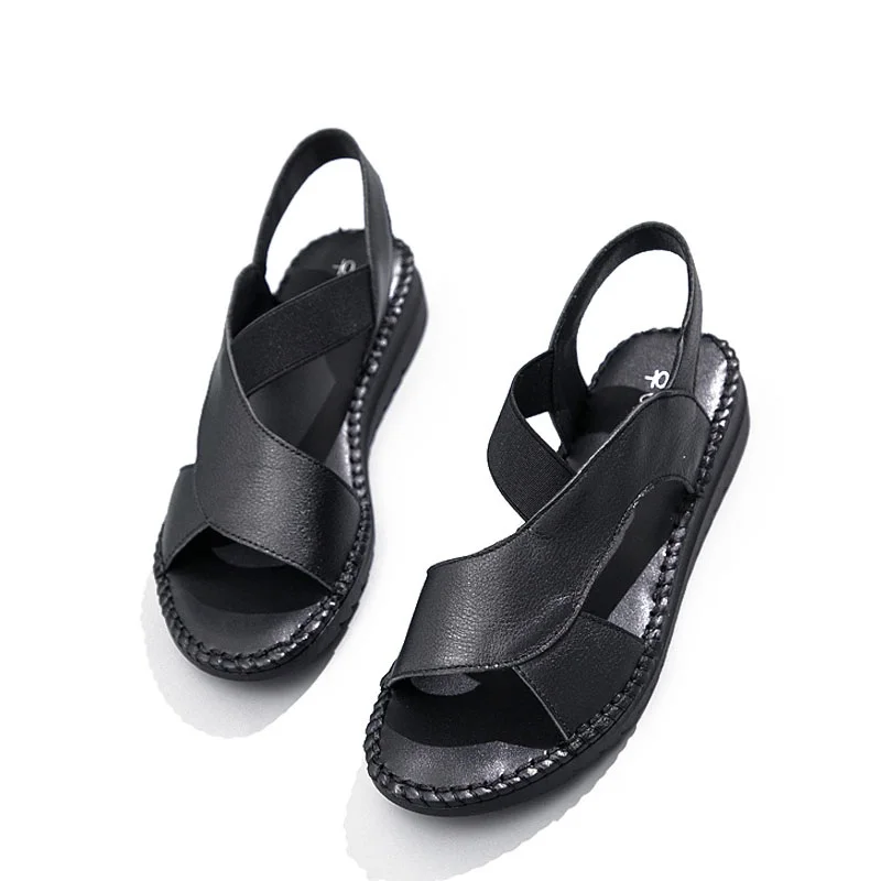 DRKANOL Genuine Leather Sandals Women Flat Gladiator Sandals Women Summer Shoes Handmade Slip On Open Toe Sandals Female Black