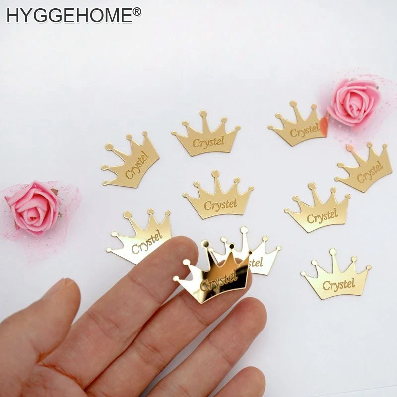 

50pcs Personalized Mirror Crown Wedding Tags Table Center Decoration Card Acrylic Name Sign Stickers Party Favors Laser Cut Gift