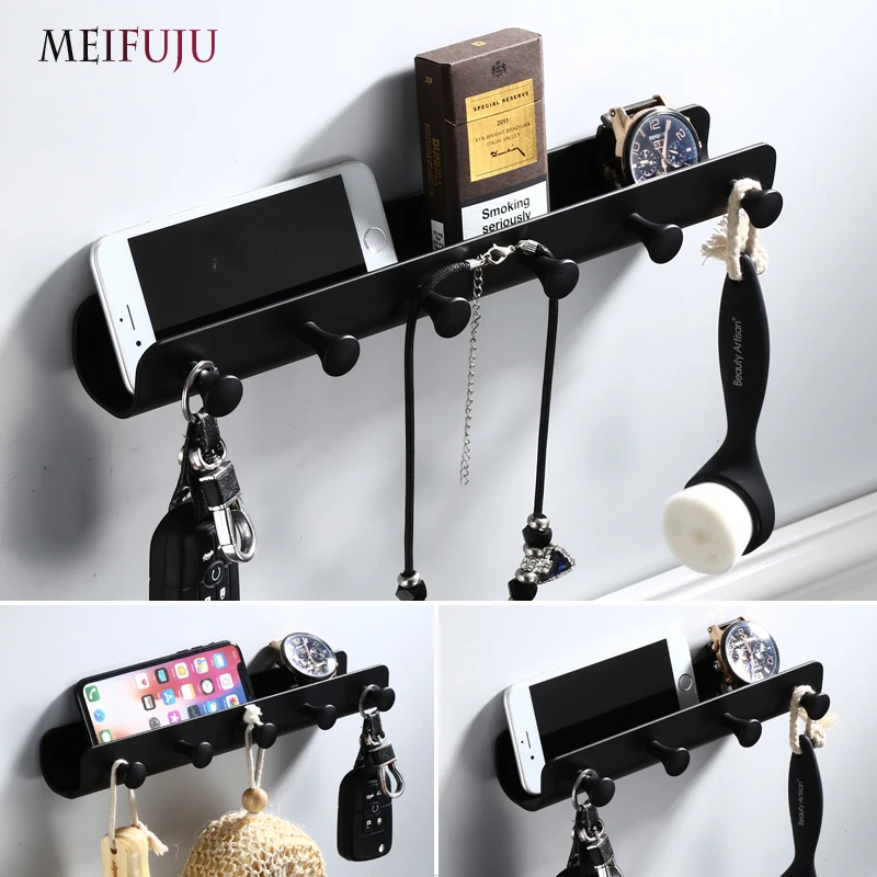 MEIFUJU New Black Towel Hook White Robe hooks Key Hooks for Wall Bathroom Hook Metal Support Shelf Hanger Rack Cell Phone Hook