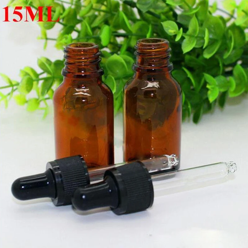 624pcs/lot Empty Amber Dropper Bottle Aromatherapy Essential Oil Refillable Bottles Glass Bottles 15ml With Black Cap