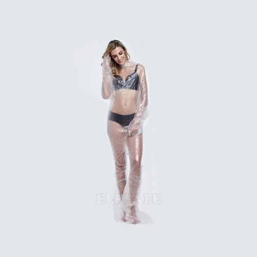 Imagen 2 del producto Mono desechable de plástico PE para Sauna, traje corporal transparente impermeable para pérdida de peso, venta al por mayor para salón de belleza, 30 unids/lote por paquete