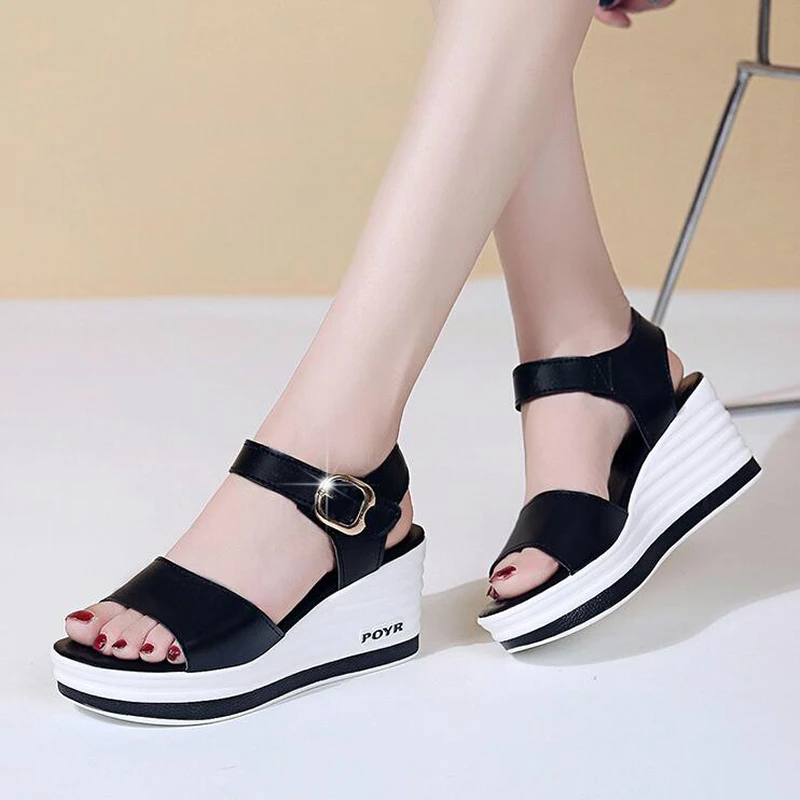 2022 Summer New Shoes Woman Leather High Heel Wedge Female Sandals Sponge Cake with Open Toe Thick Female Shoes sneakers W309