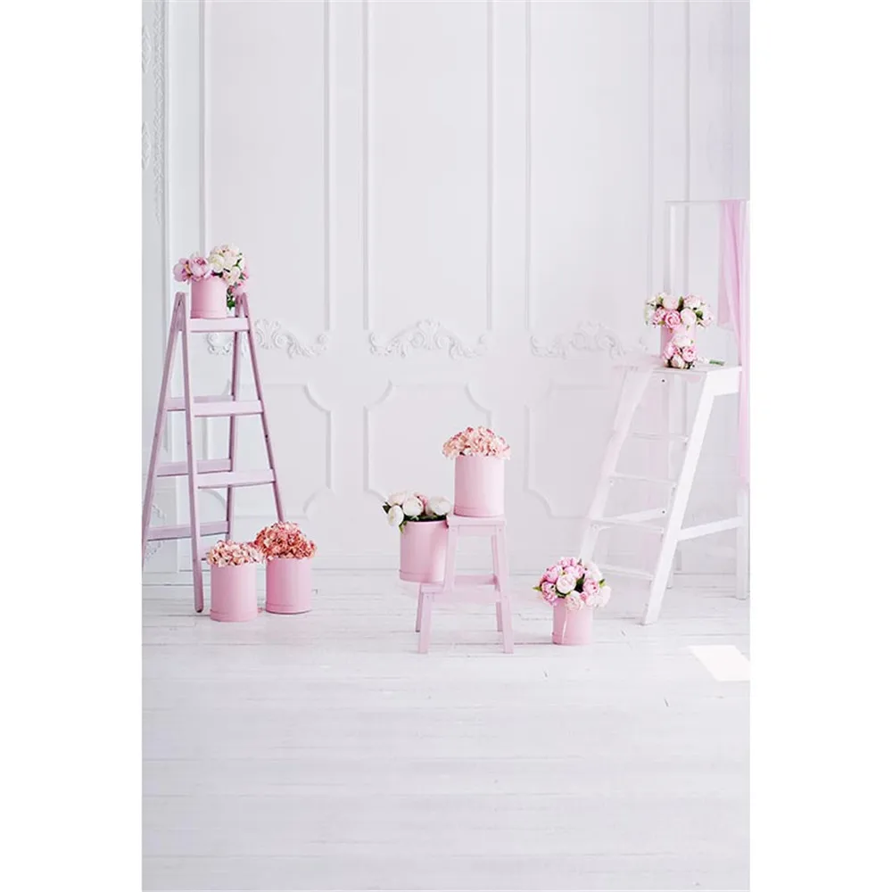 Pure White Wall Indoor Photography Background Printed Ladders Pink Flowerpots Roses Baby Newborn Props Kids Photo Shoot Backdrop