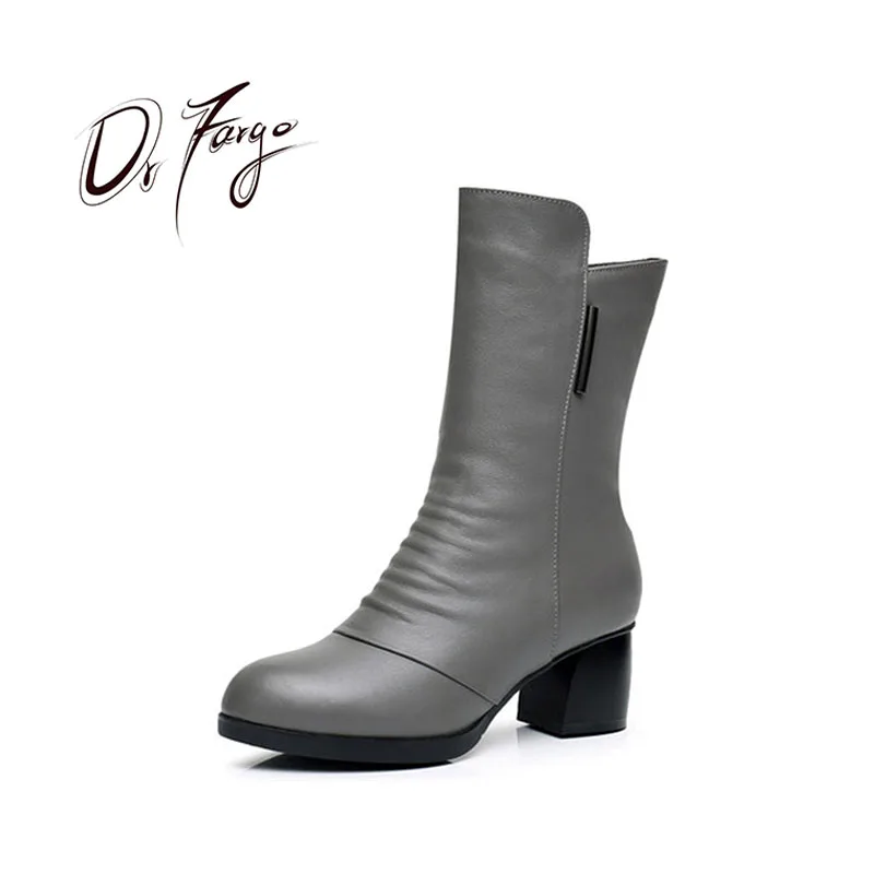 

DRFARGO Genuine Leather Winter Snow Boots Mid calf Plush zipper Square High Heel Round Toe Grey Black Shoes Women size34-41 JLR2