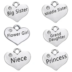 Skyrim 10pcs Family Crystal Heart Charm Sister Princess Daughter Dad Baby Girl Niece Word DIY Floating Pendant for Jewelry