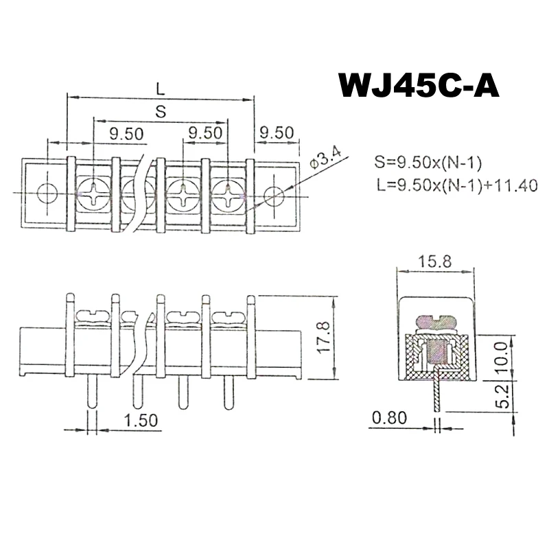 10/5 Stück Barrier-Klemmenblock, Rastermaß 9,5 mm, gerader Stift, 7P 8P 10P 12P, Kabelverbinder mit Schraubenlöchern, 300 V, 25 A – Detail 3