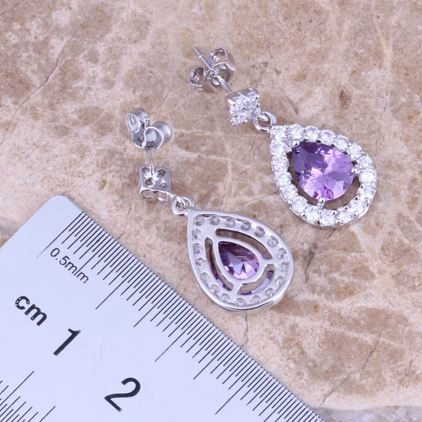 Purple Cubic Zirconia White CZ Silver Plated Jewelry Sets Earrings Pendant Ring Size 5 / 6 / 7 / 8 / 9 / 10 / 11 / 12 S0839