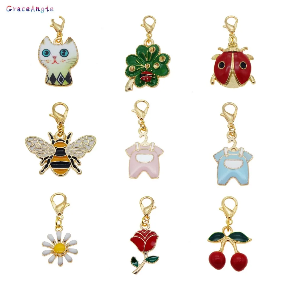 9pcs Dangle Charms Pendant with Lobster Clasp Enamel Cat Rose Bee Ladybug Daisy Cherry DIY Keychain Earrings Jewelry Making