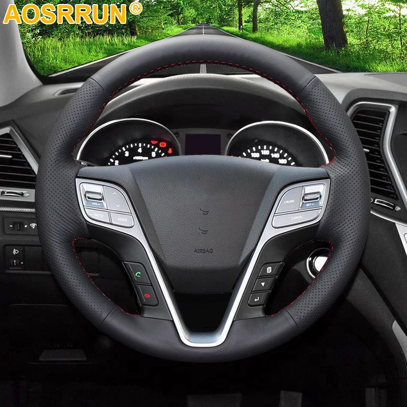 AOSRRUN Black Leather Hand-stitched Car Steering Wheel Cover for Hyundai Ix45 Santa Fe 2013 2014 2015 2016 Accessories