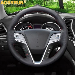 AOSRRUN Black Leather Hand-stitched Car Steering Wheel Cover for Hyundai Ix45 Santa Fe 2013 2014 2015 2016 Accessories