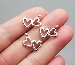 50pcs/lot--10x18mm,  heart charms, Antique silver plated Double Hearts charms,DIY supplies, Jewelry accessories