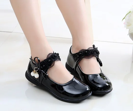 2019Princess Bow Rhinestone Children Shoes White Black Leather Shoes For Girls Zapatos Ninas Party Wedding Girls Heel Shoes