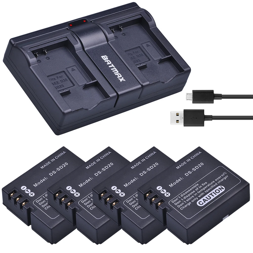 

Batmax 4Pc DS-SD20 SD20 Battery+USB Dual Charger for AEE Magicam SD18 SD19 SD20 SD21 SD22 SD23 SD30 Rollei 3S Action Camera