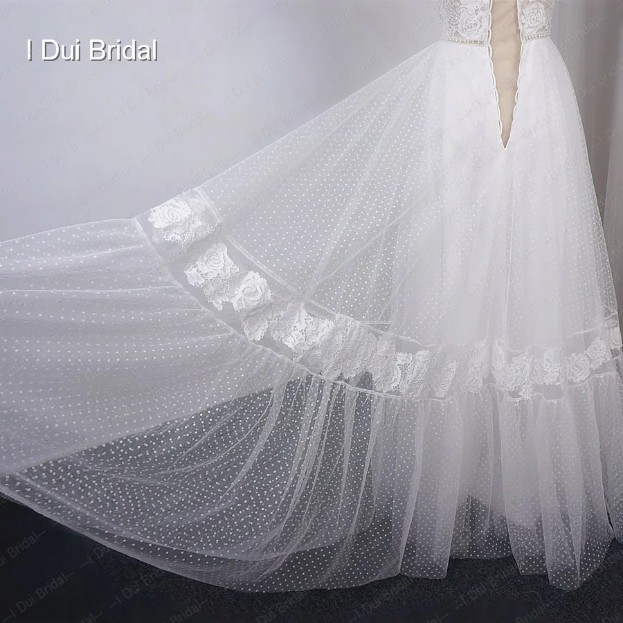 Dot Tulle Boho Trouwjurk met Korte Mouwen String Tie Hals Bruidsjurk Nieuwe Stijl Factory Real Photo