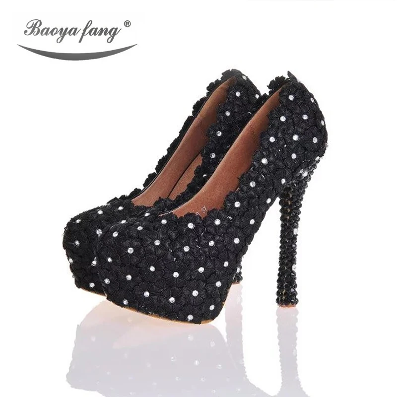 

Fashion Black lace White crystal Ladies perfomance shoes New Bride wedding shoes bridal pumps HIgh heels platform shoes