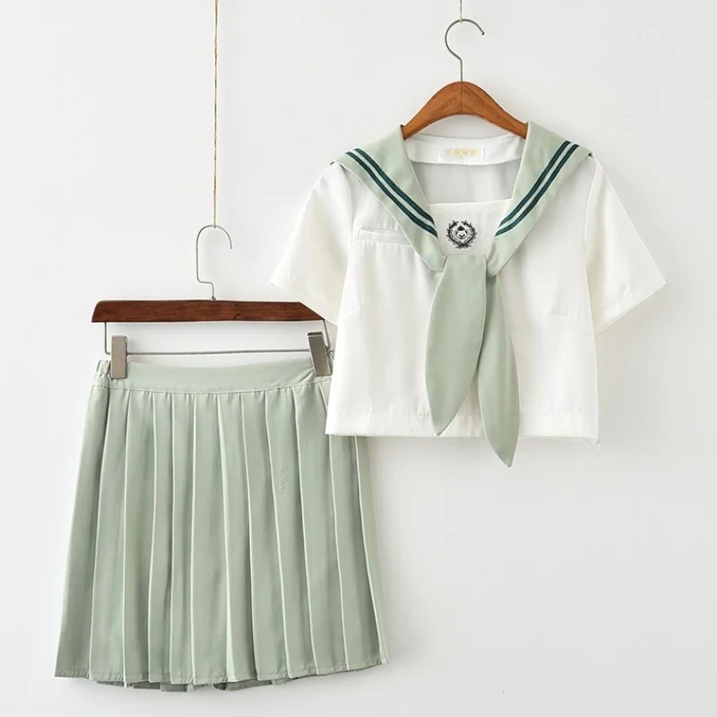 Uniforme JK japonês para meninas, camisa e saia com gravata borboleta, padrão urso verde menta, orelha de coelho marinheiro, verão e primavera, XL