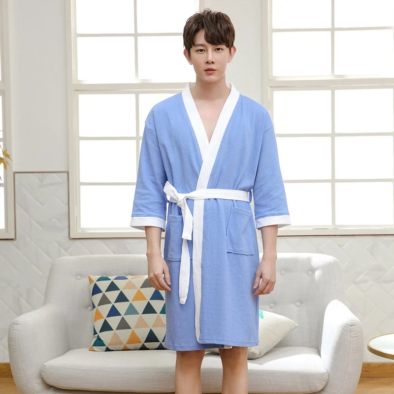 

Summer Men Bathrobe Kimono Robe Long Warm Cotton Men Super Soft Cotton Kimono Bath Robe Male Dressing Gown Mens Robes Summer