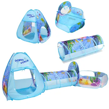 Baby Play Tent House Baby Kids Crawling Pipeline Tunnel Play Tent Ocean Ball Pool 3-in-1 Folding Kids Play Tent