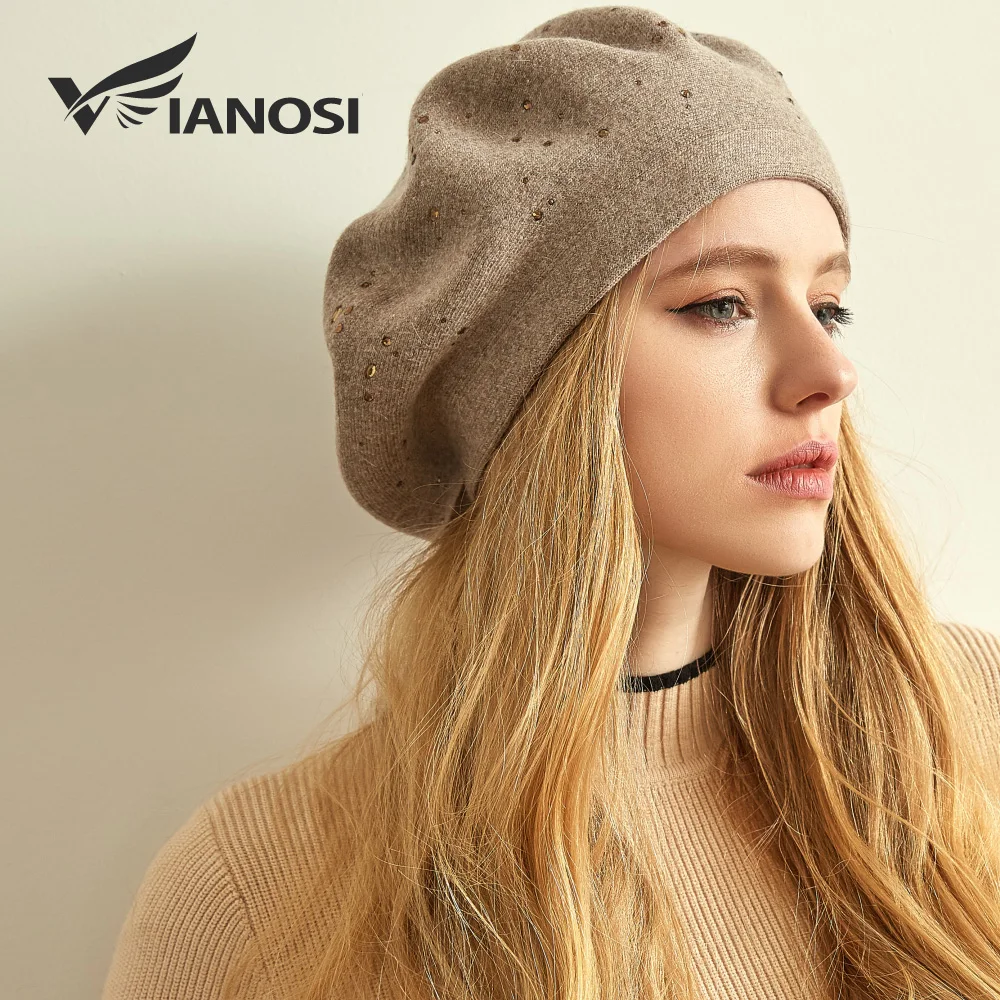 VIANOSI Winter Beret Hat Women wool knitted berets Rhinestone Caps Female Fashion Solid Color Thick Warm Gorros