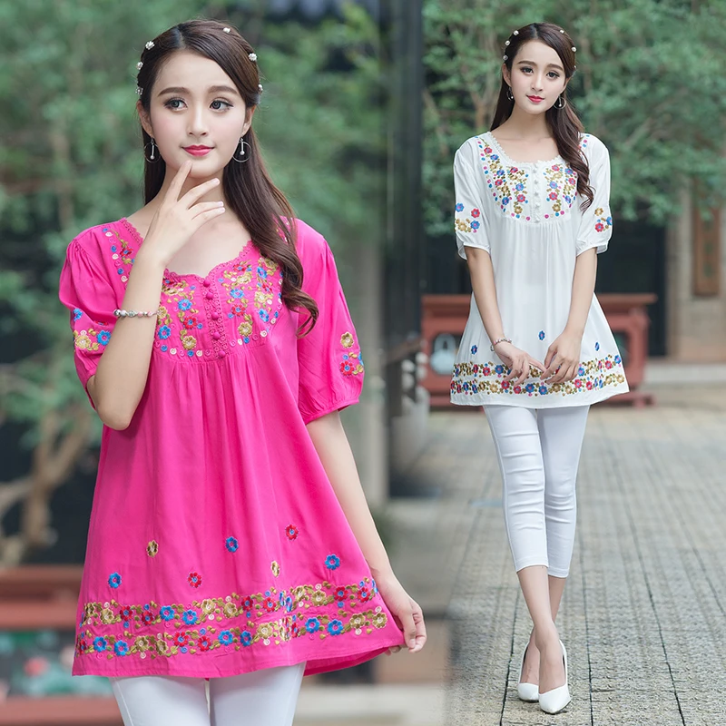 Summer Tunic Tops for Women 2019 Vintage Embroidery Floral Ladies Blouses Plus Size L~3XL Loose Woman Shirts Top Blusas Feminina