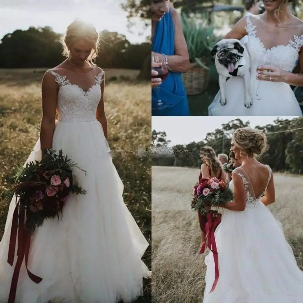 Vestido De novia De encaje transparente, falda De tul con apliques De línea A, longitud hasta el suelo, para playa