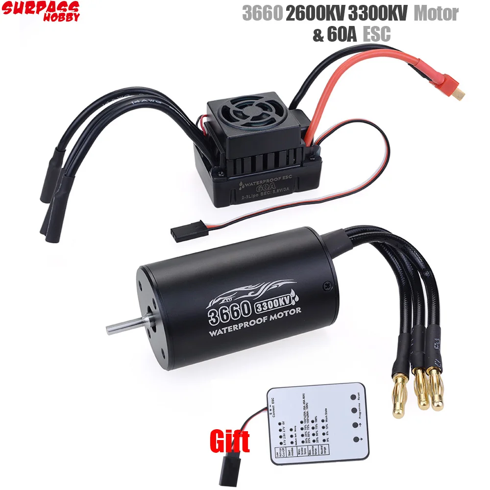 Surpass Hobby RC 3660 2600KV 3300KV Sensorless Brushless Motor with 60A ESC & LED Programming Card for 1/10 RC Truck Monster