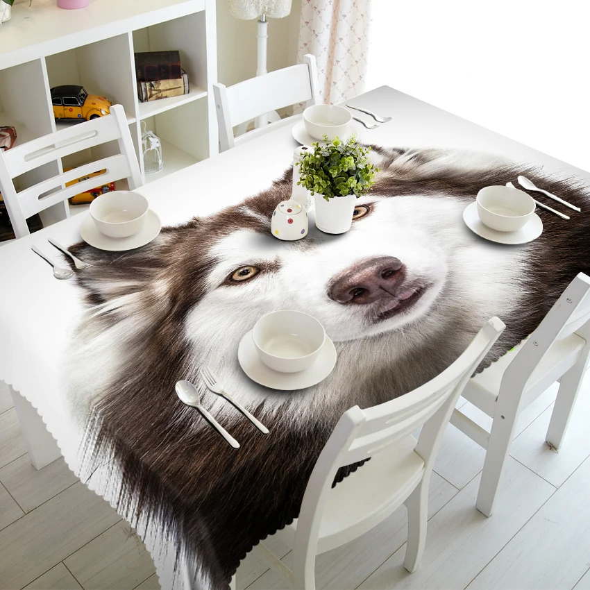 3D Tablecloth Merry Christmas Stupid Husky Animal Pattern Waterproof Cloth Thicken Rectangular and Round Wedding Table Cloth