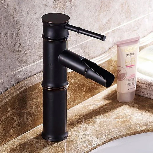 Basin Faucets Brass Oil Rubbed Bronze Bamboo Waterfall Bathroom Sink Faucet Deck Bathbasin Retro Black Mixer Water Tap SY-326R