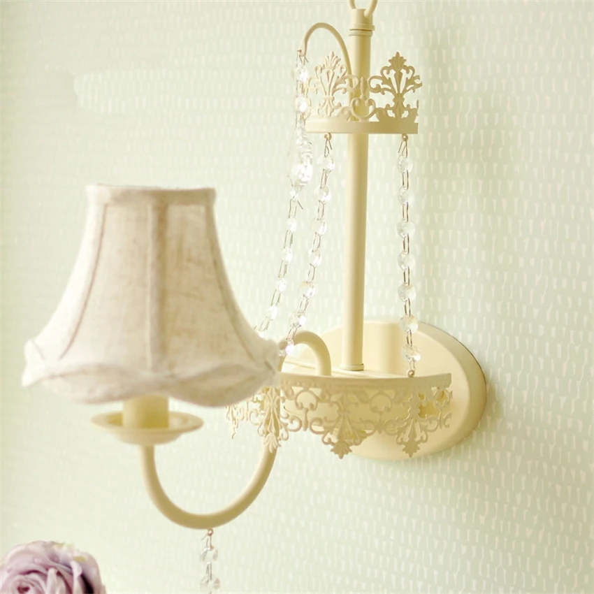 

Crystal European Wall Lamps Princess Room Bedroom Deco Sconce Wall Lights Nordic Aisles Country Home E17 Fabric Shade Fixtures