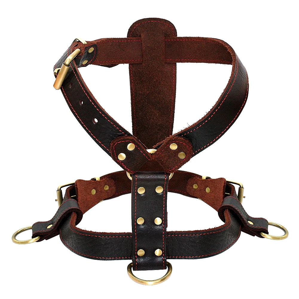 Soft Genuine Leather Dog Harness Medium Large Dogs Durable Vest Adjustable Straps Chest 23-34.5\'\' Brown Walking Pet Harnesses XL