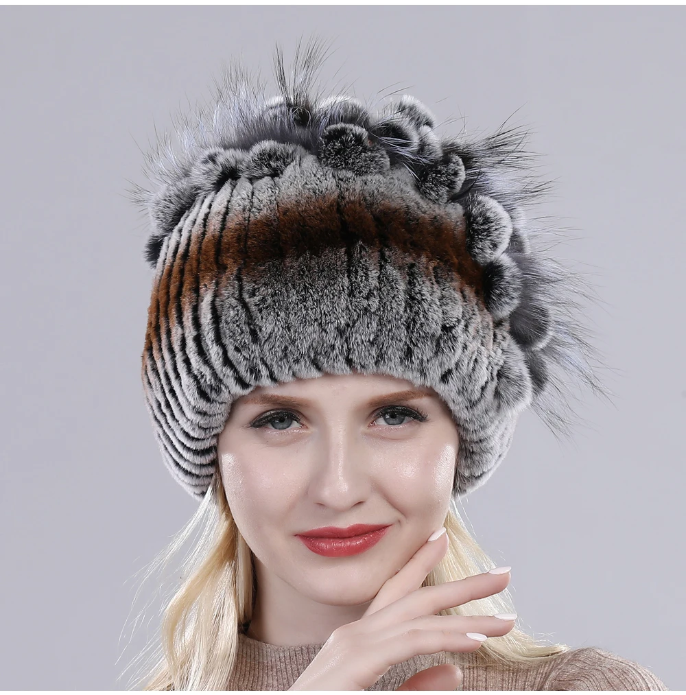Neue Russische Damen Echt Rex-Kaninchenfell Mützen Luxuriöse Gestrickte Blumen Echte Rex-Kaninchenfell Kappe Winter Echt-Fell Beanie Mütze – Detail 13