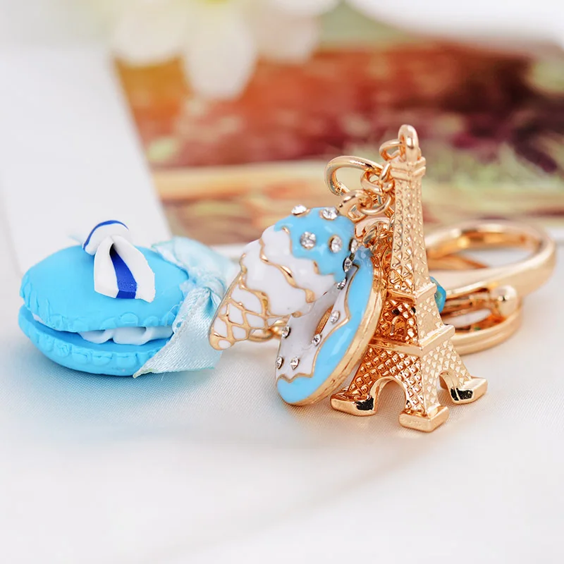 Creative Jewelry Macaron Cake Eiffel Tower Element Pendant Keychains Crystal Keyrings Charms Gift For Women