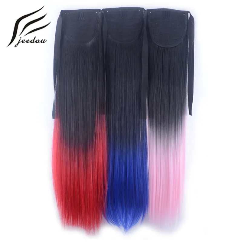 Jeedou Ombre colore sintetico coda di cavallo estensione capelli lunghi dritti coda di cavallo blu rosa graduale Womean falsi capelli