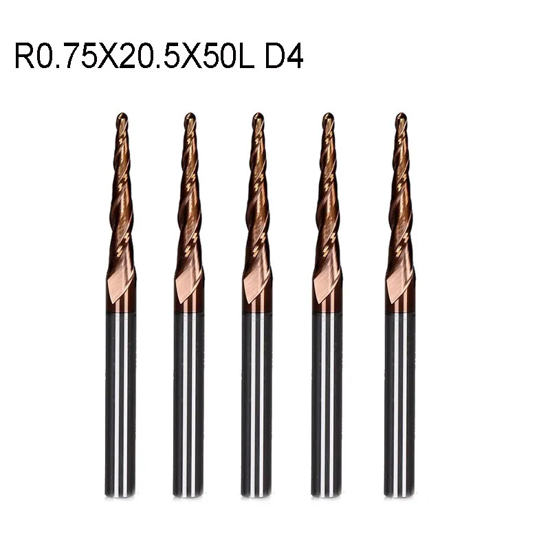 

5pcs/lot R0.75*D4*20.5*50L*2F HRC55 Tungsten solid carbide Coated Tapered Ball Nose End Mills taper and cone milling cutter