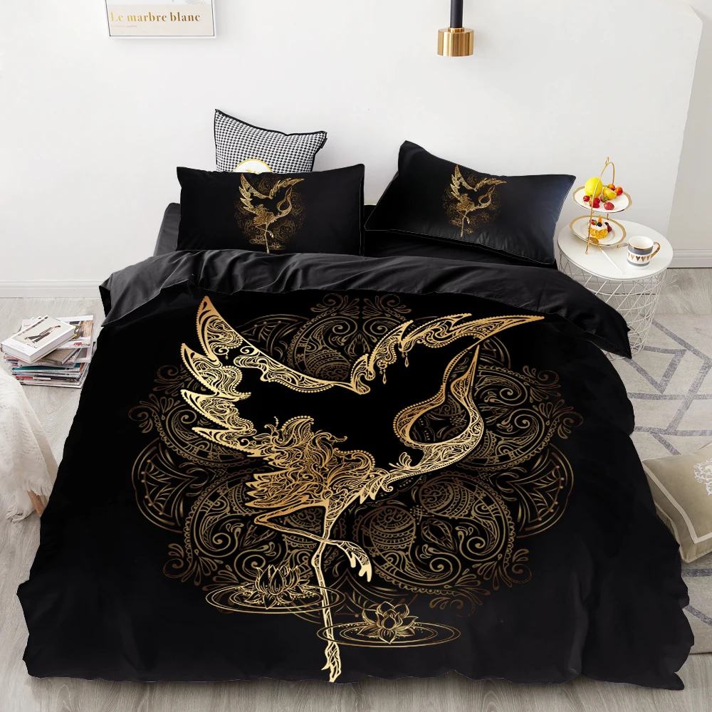 3D HD Digital Printing Custom Bedding Set,Duvet Cover Set Queen Cal King,Bedclothes Golden dragonfly on black Drop Shipping