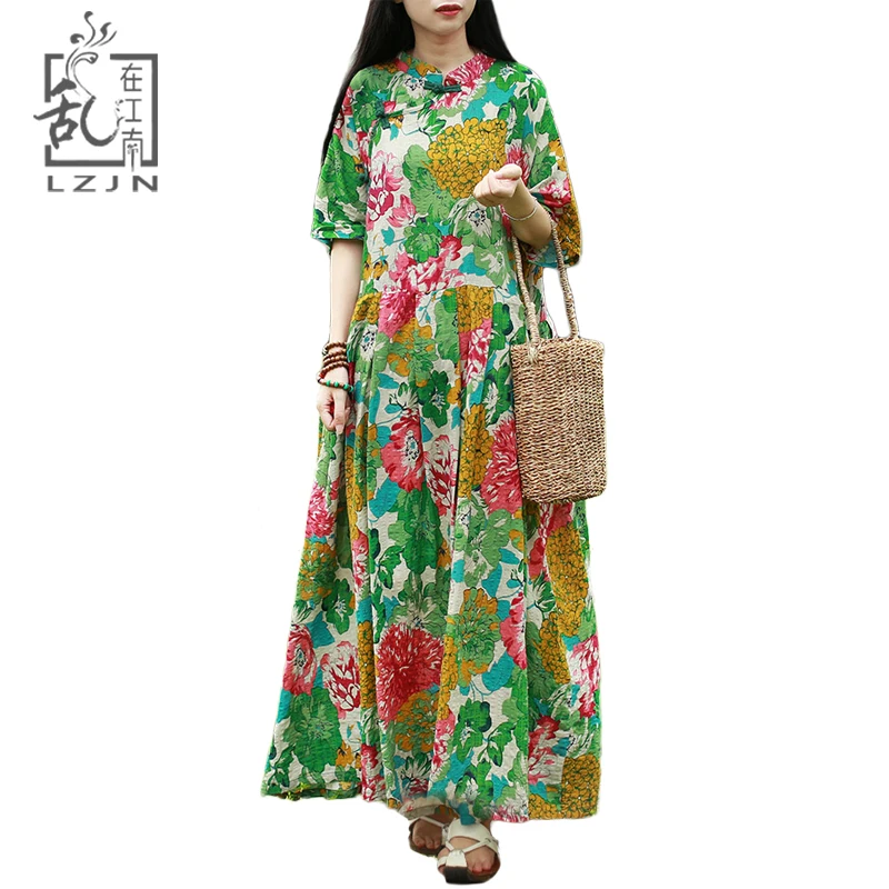 

LZJN Women Casual Loose Bohemian Floral Print Dress Half Sleeve Mandarin Collar Mori Girl Vintage Robe Loose Vestidos PX1059