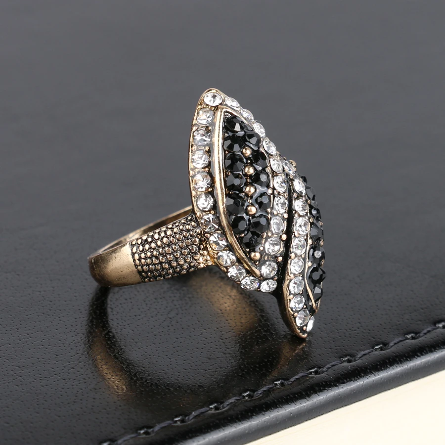 Kinel Luxury Black And White Crystal Rings For Women Color Antique Gold Fashion Vintage Wedding Ring Party Gift