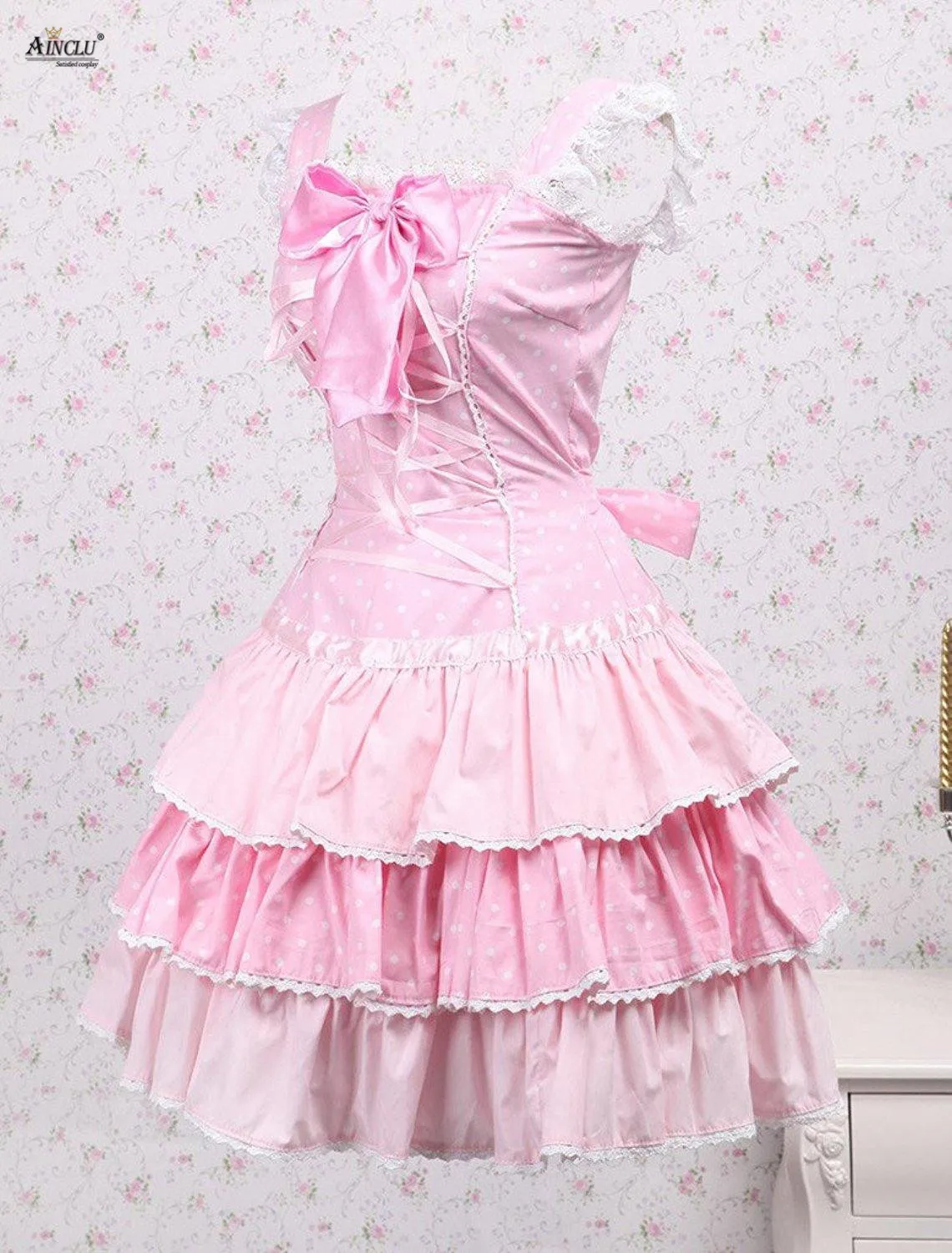 Spring/Summer Ainclu Cemavin Cotton Pink Lace Front Ties White Lacy Bow Sweet Cute Lolita Casual Party Sling Dress Free Shipping