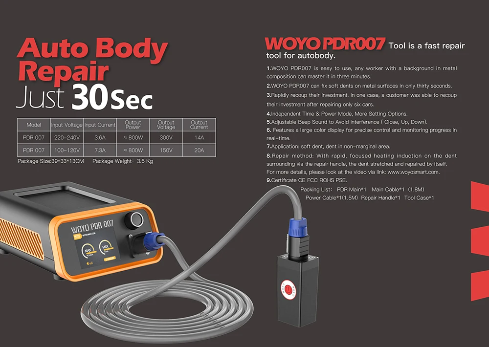 Karosseriereparatur ohne Lack, Dellenreparaturwerkzeug WOYO PDR007 + Pole PDR 007 und Demontagesatz für magnetische Induktionsheizung mit Pol – Detail 1