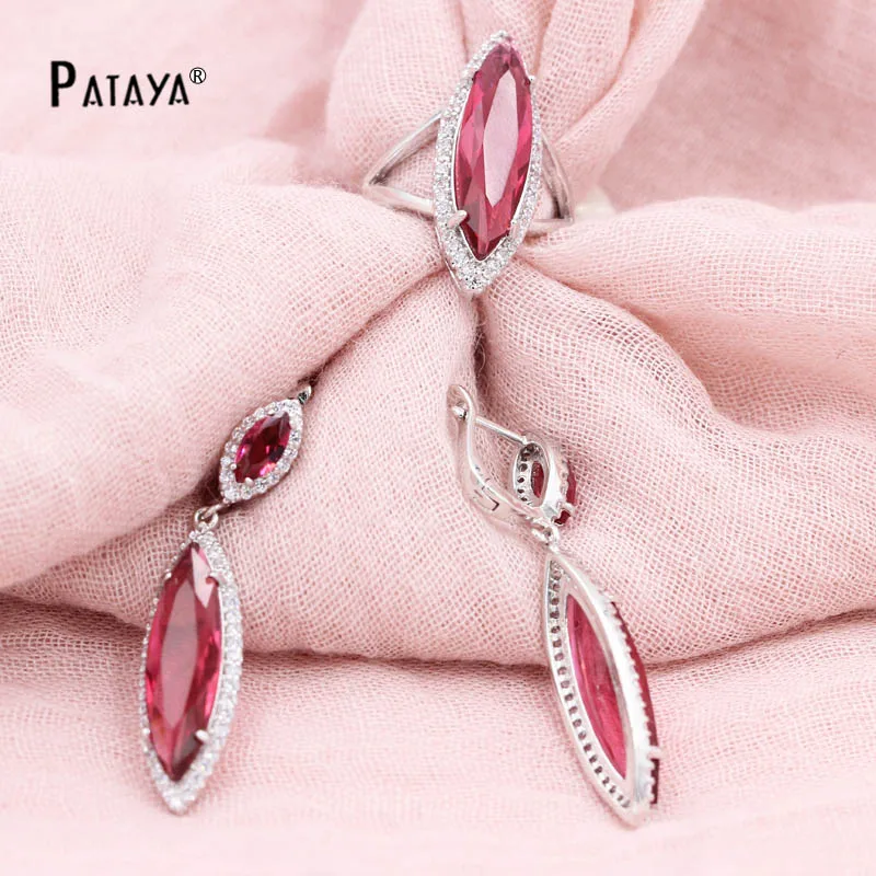 PATAYA Green Jewelry Sets True White Gold Color Natural Zircon Big Earrings Ring Fine Weddings Accessories Bride Jewelry Set