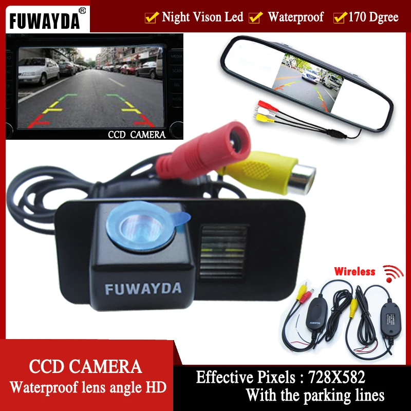 FUWAYDA Wireless CCD Car Rear View Camera for FORD MONDEO/FIESTA/FOCUS HATCHBACK/S-Max/KUGA,with 4.3Inch Rearview Mirror Monitor